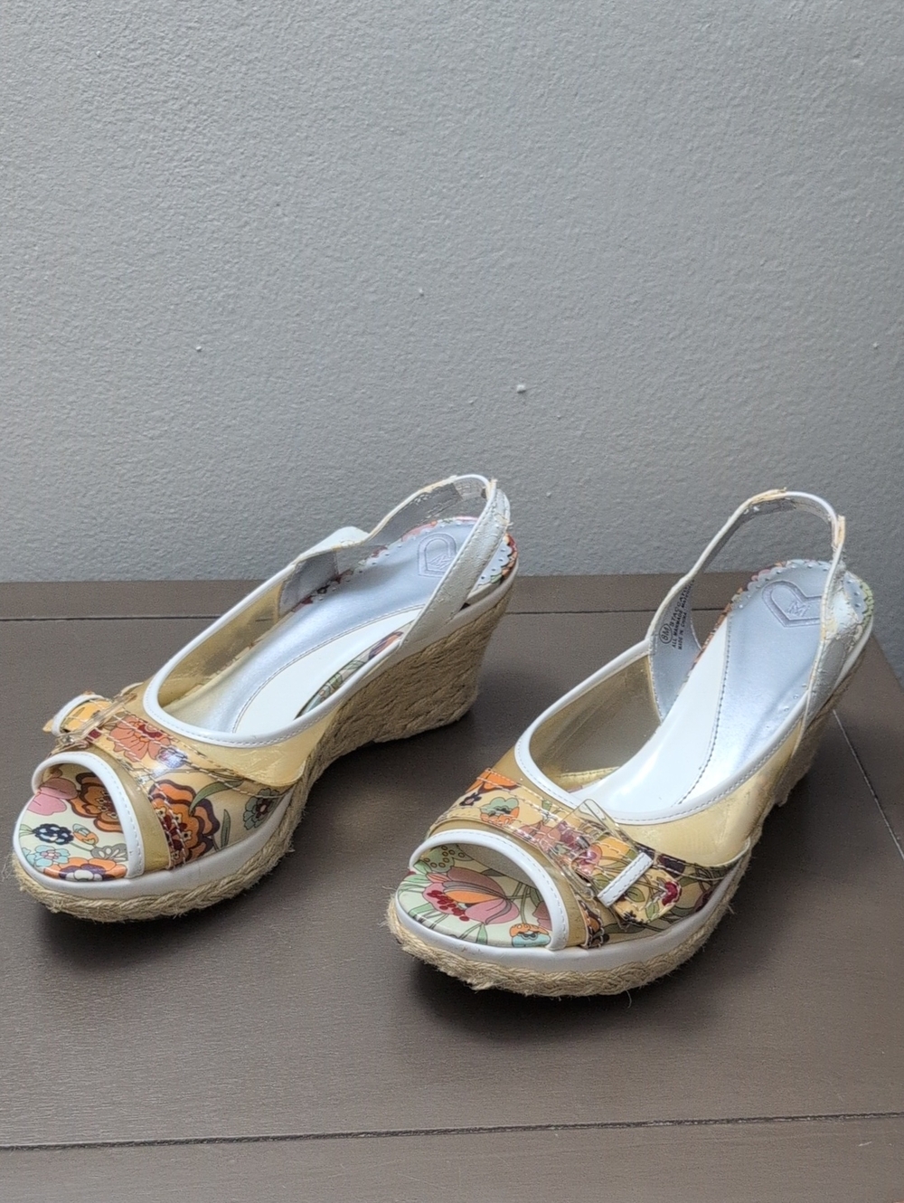 Floral Print Yellow Espadrille Wedge Slingback Sandals